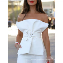 Women Blouses Tops Summer Sexy with Waist Belt Off Shoulder Backless Zipper Street Fashion White Black Solid Short Shirts 2019